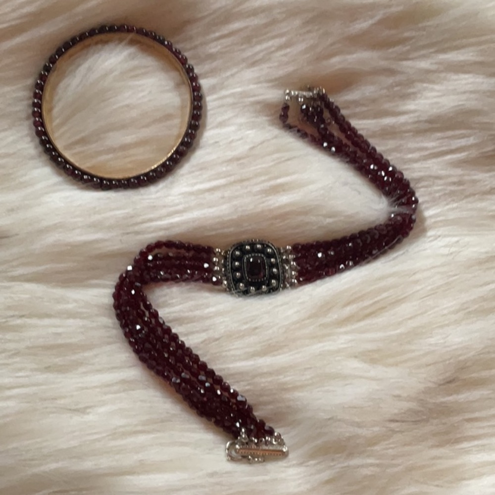 Ruby Colored Beaded Necklace And Bangle - image 1